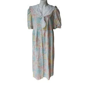 Vtg 80s Pending Floral Pastel Puff Sleeve Cape Collar CottageCore Prairie Dress